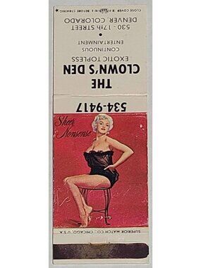 Vintage Matchbook Cover Clown’s Den Denver CO Marilyn Monroe Pinup Image